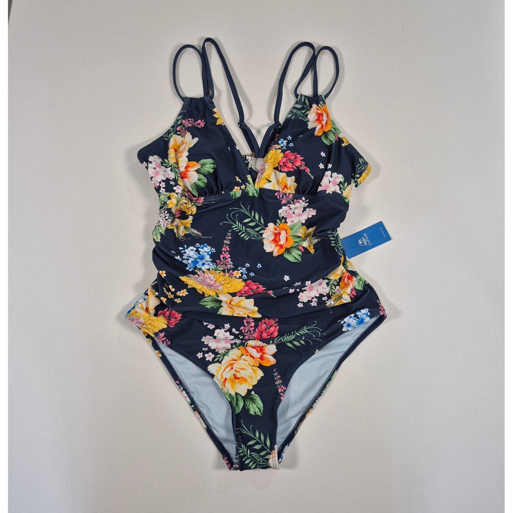 CUPSHE Women Navy Floral Ruched V-Neck Cutout Back One Piece Swimsuit NWT